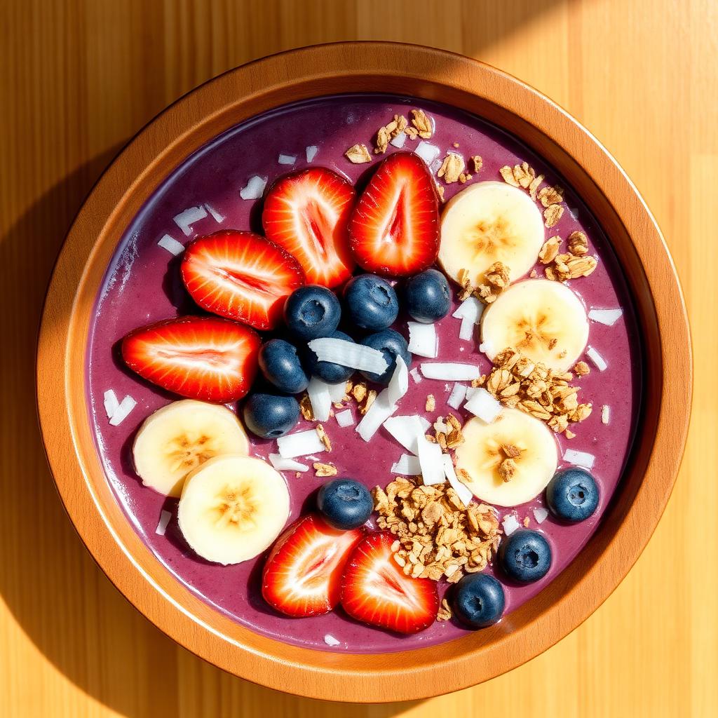 An acai bowl topped with strawberries blueberries banana and granola