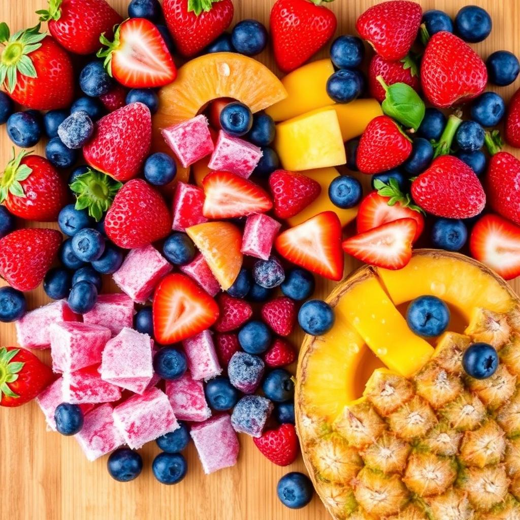 Frozen and fresh fruit side by side on a wooden counter