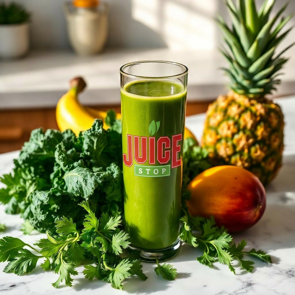 A tall green smoothie surrounded by kale spinach mango and pineapple