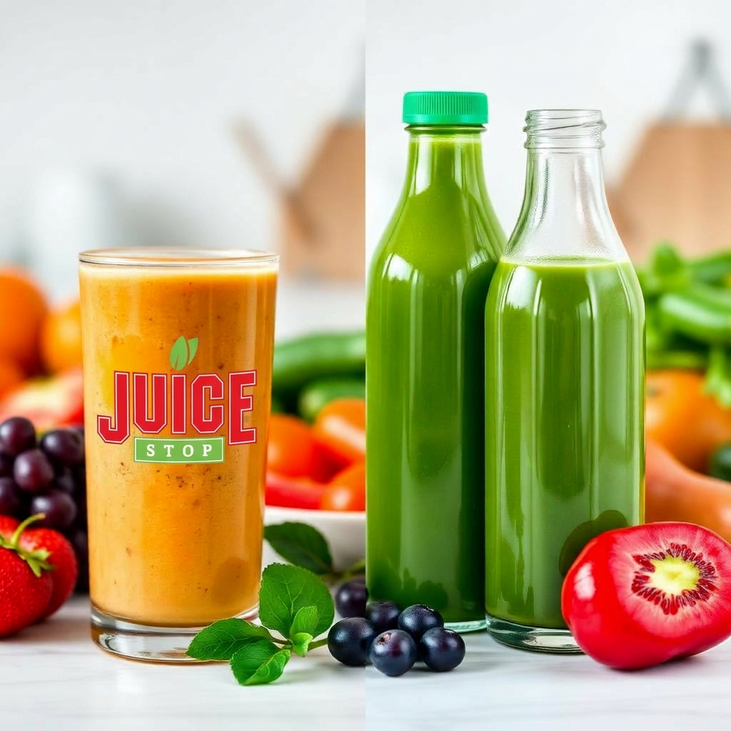 Smoothie next to a cold pressed juice bottle with fruits and vegetables