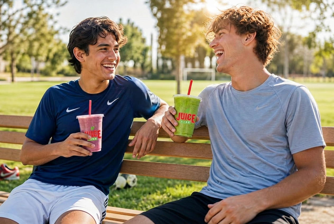 Young soccer players relaxing after practice holding Juice Stop real fruit smoothies in the summer sunshine