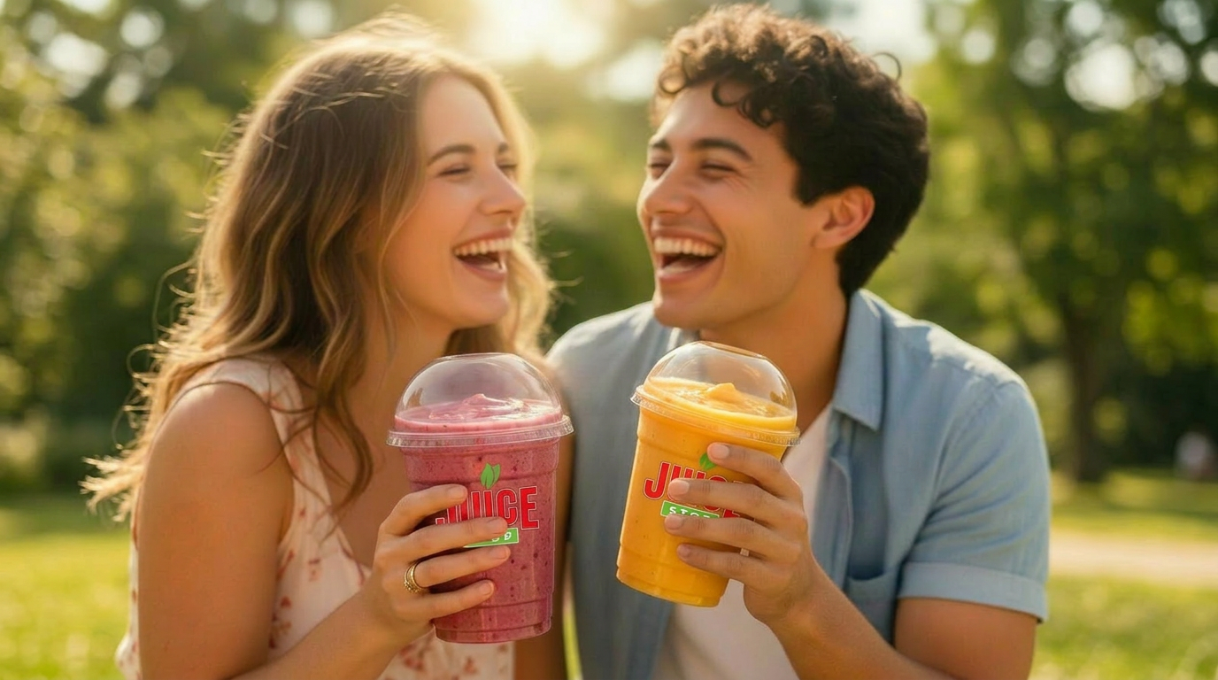 Friends enjoying Juice Stop real fruit smoothies on a sunny day